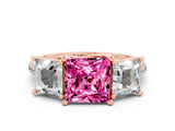 Rose gold Three-Stone Princess Cut Pink Sapphire Ring with Round  Pavé Band and Prong Setting_12