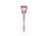 Rose gold Three-Stone Princess Cut Pink Sapphire Ring with Round  Pavé Band and Prong Setting_14