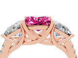 Rose gold Three-Stone Princess Cut Pink Sapphire Ring with Round  Pavé Band and Prong Setting_16