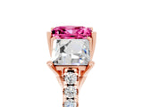 Rose gold Three-Stone Princess Cut Pink Sapphire Ring with Round  Pavé Band and Prong Setting_17