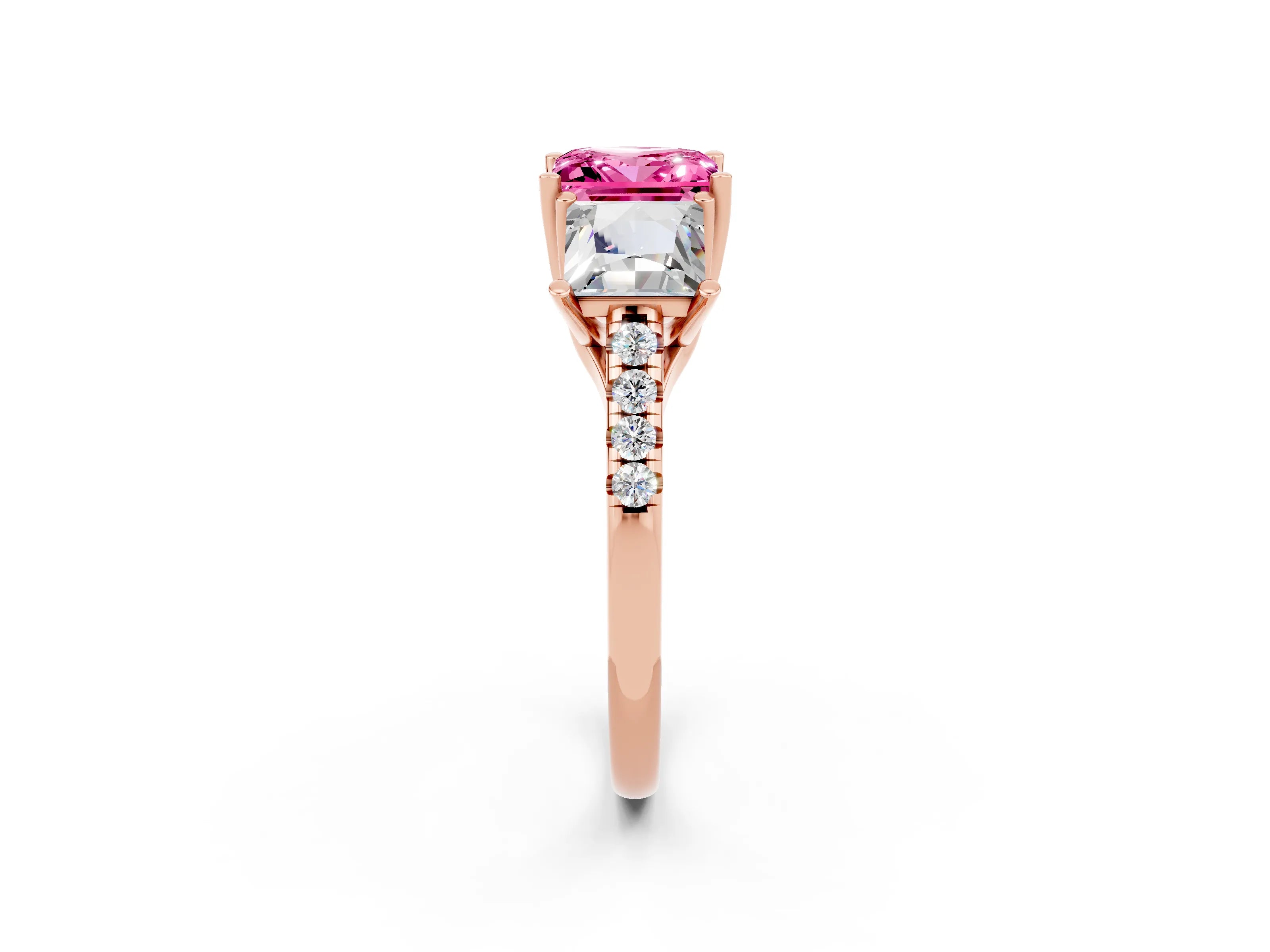 Rose gold Three-Stone Princess Cut Pink Sapphire Ring with Round  Pavé Band and Prong Setting_50