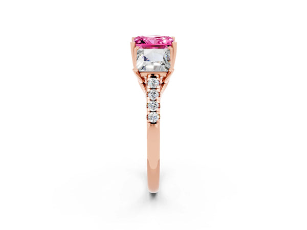 Rose gold Three-Stone Princess Cut Pink Sapphire Ring with Round  Pavé Band and Prong Setting