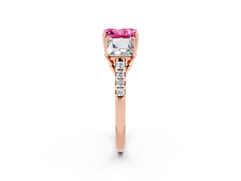 Rose gold Three-Stone Princess Cut Pink Sapphire Ring with Round  Pavé Band and Prong Setting_50