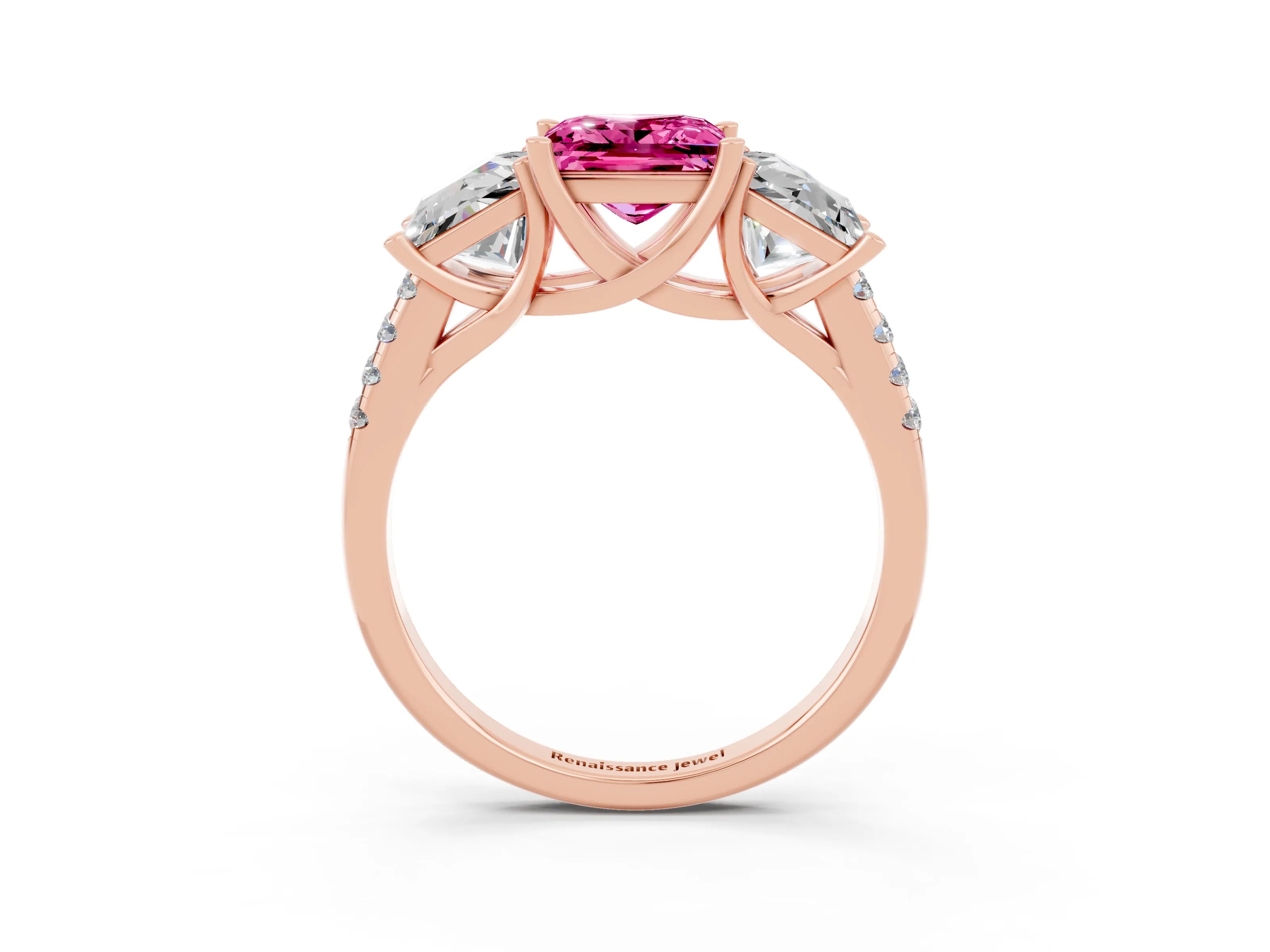 Rose gold Three-Stone Princess Cut Pink Sapphire Ring with Round  Pavé Band and Prong Setting_51