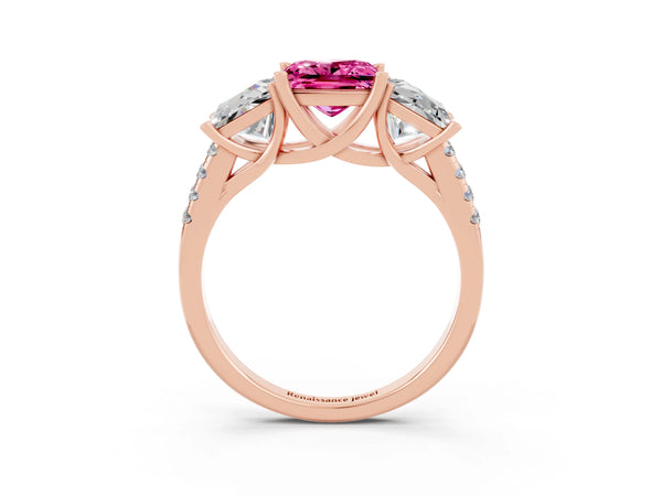 Rose gold Three-Stone Princess Cut Pink Sapphire Ring with Round  Pavé Band and Prong Setting