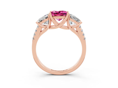 Rose gold Three-Stone Princess Cut Pink Sapphire Ring with Round  Pavé Band and Prong Setting_51