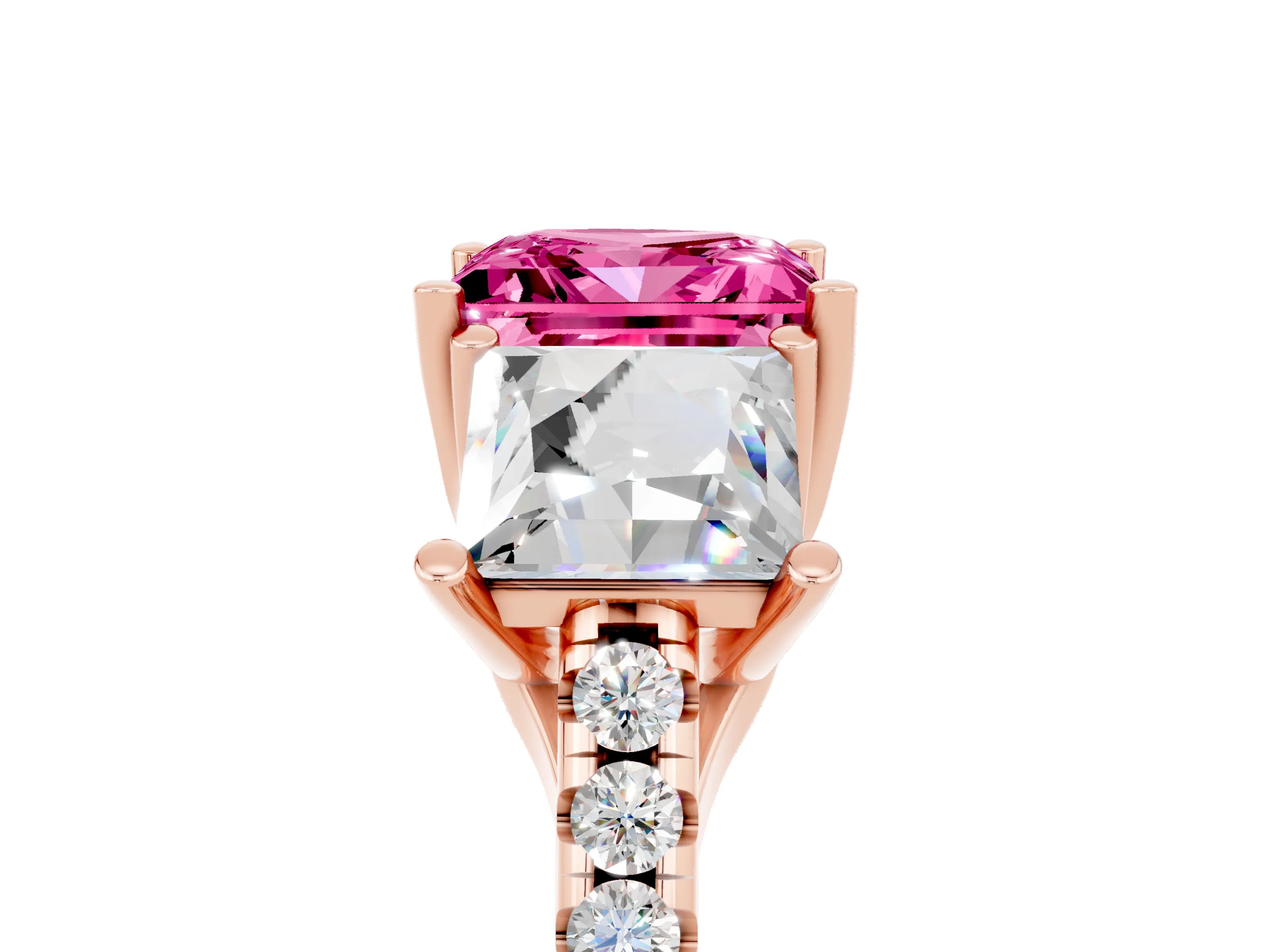 Rose gold Three-Stone Princess Cut Pink Sapphire Ring with Round  Pavé Band and Prong Setting_53