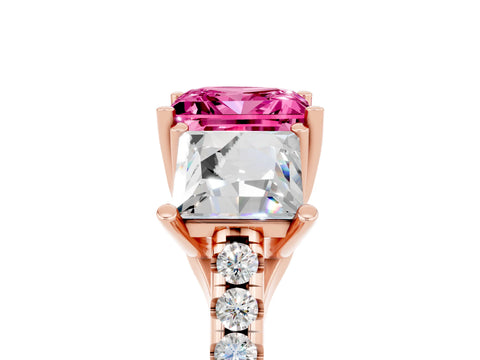 Rose gold Three-Stone Princess Cut Pink Sapphire Ring with Round  Pavé Band and Prong Setting_53