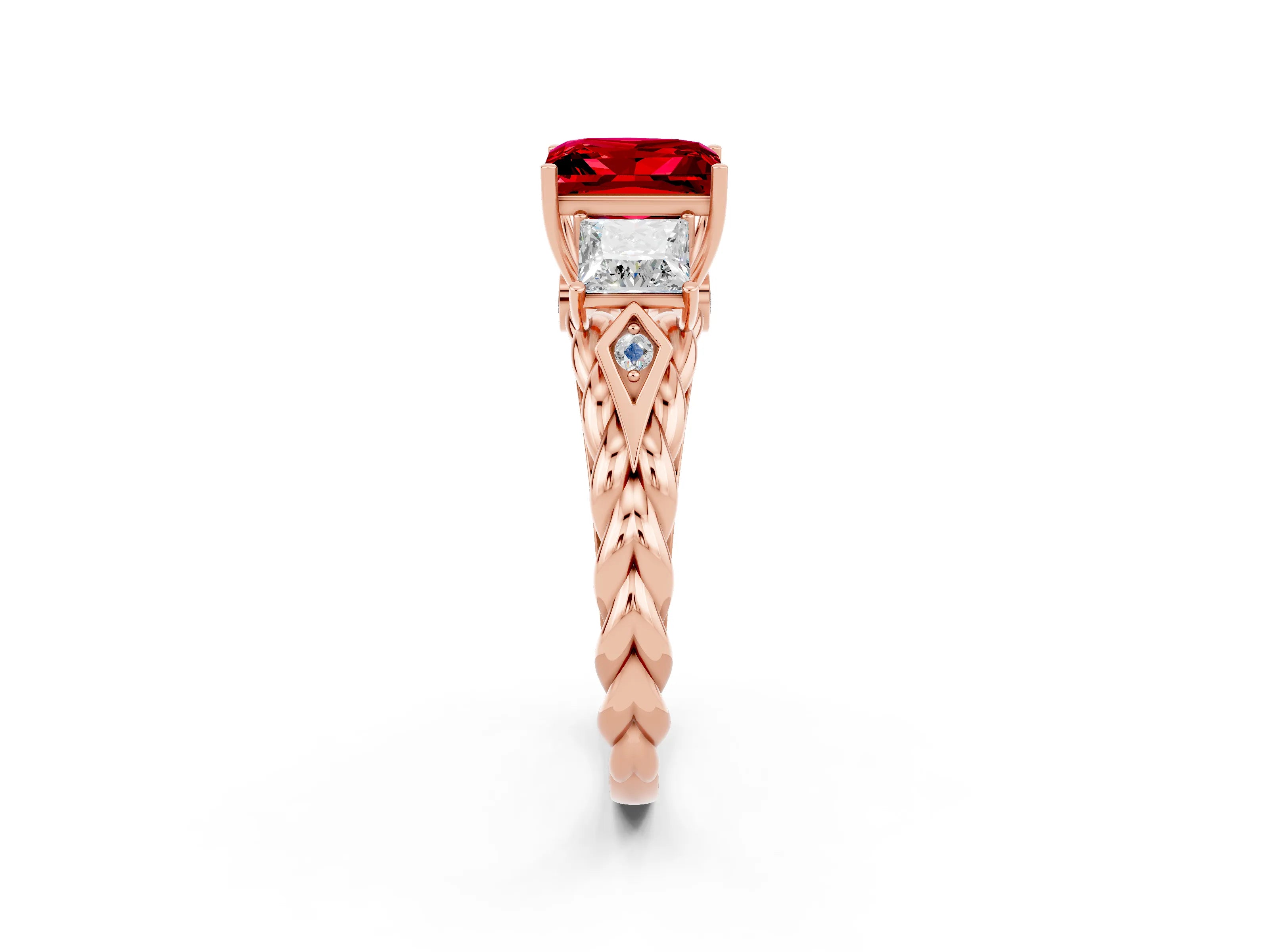 Rose gold Three-Stone Princess Cut Ruby Braided Band Ring with Four-Prong Setting_33