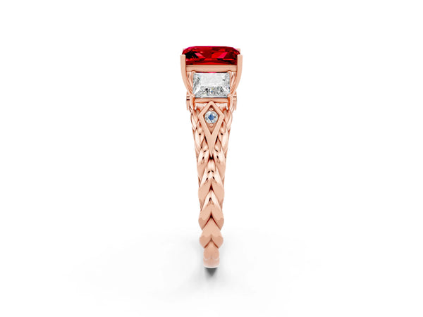 Rose gold Three-Stone Princess Cut Ruby Braided Band Ring with Four-Prong Setting