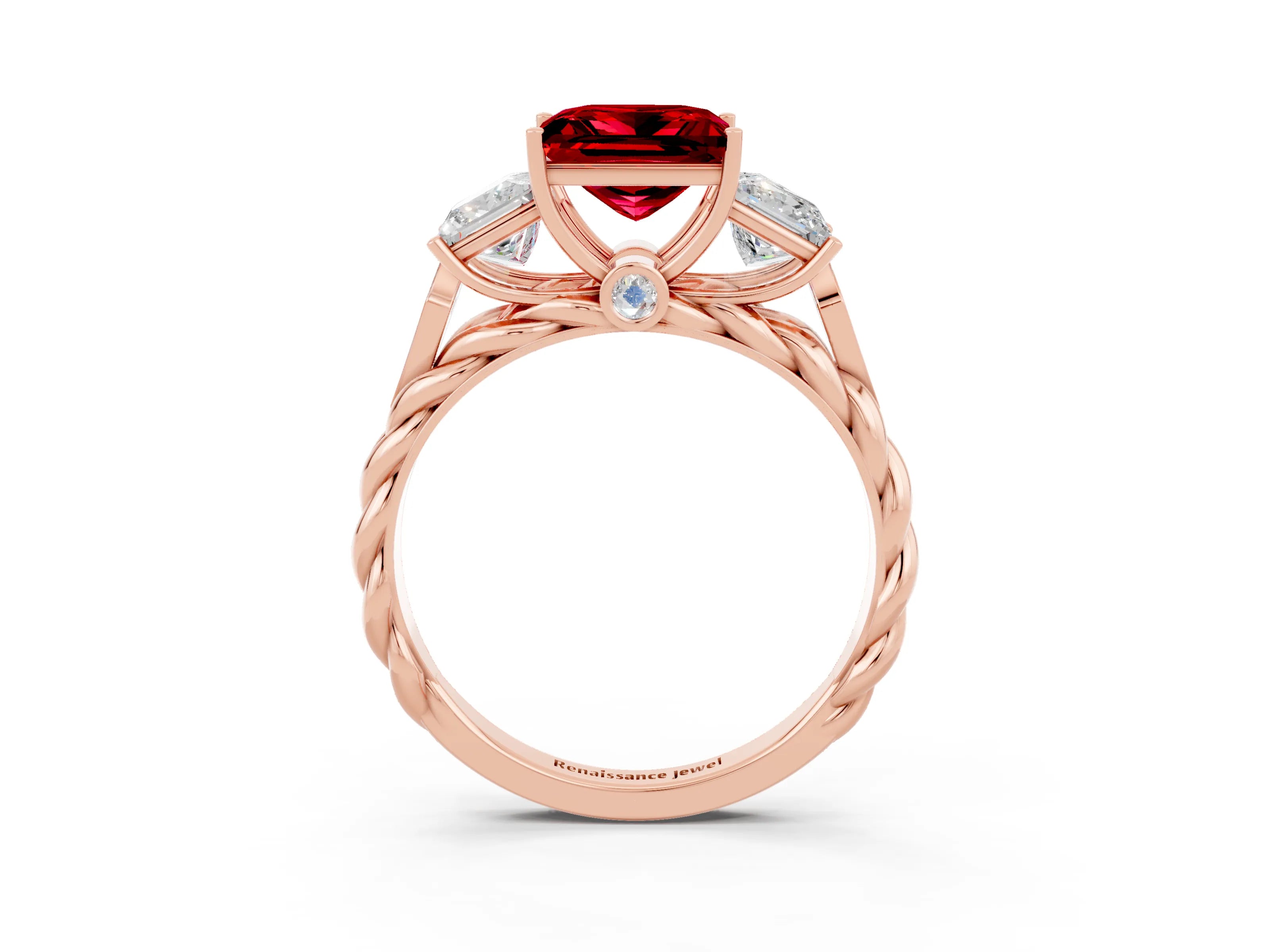 Rose gold Three-Stone Princess Cut Ruby Braided Band Ring with Four-Prong Setting_34