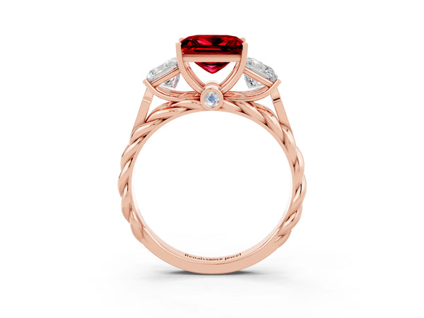 Rose gold Three-Stone Princess Cut Ruby Braided Band Ring with Four-Prong Setting