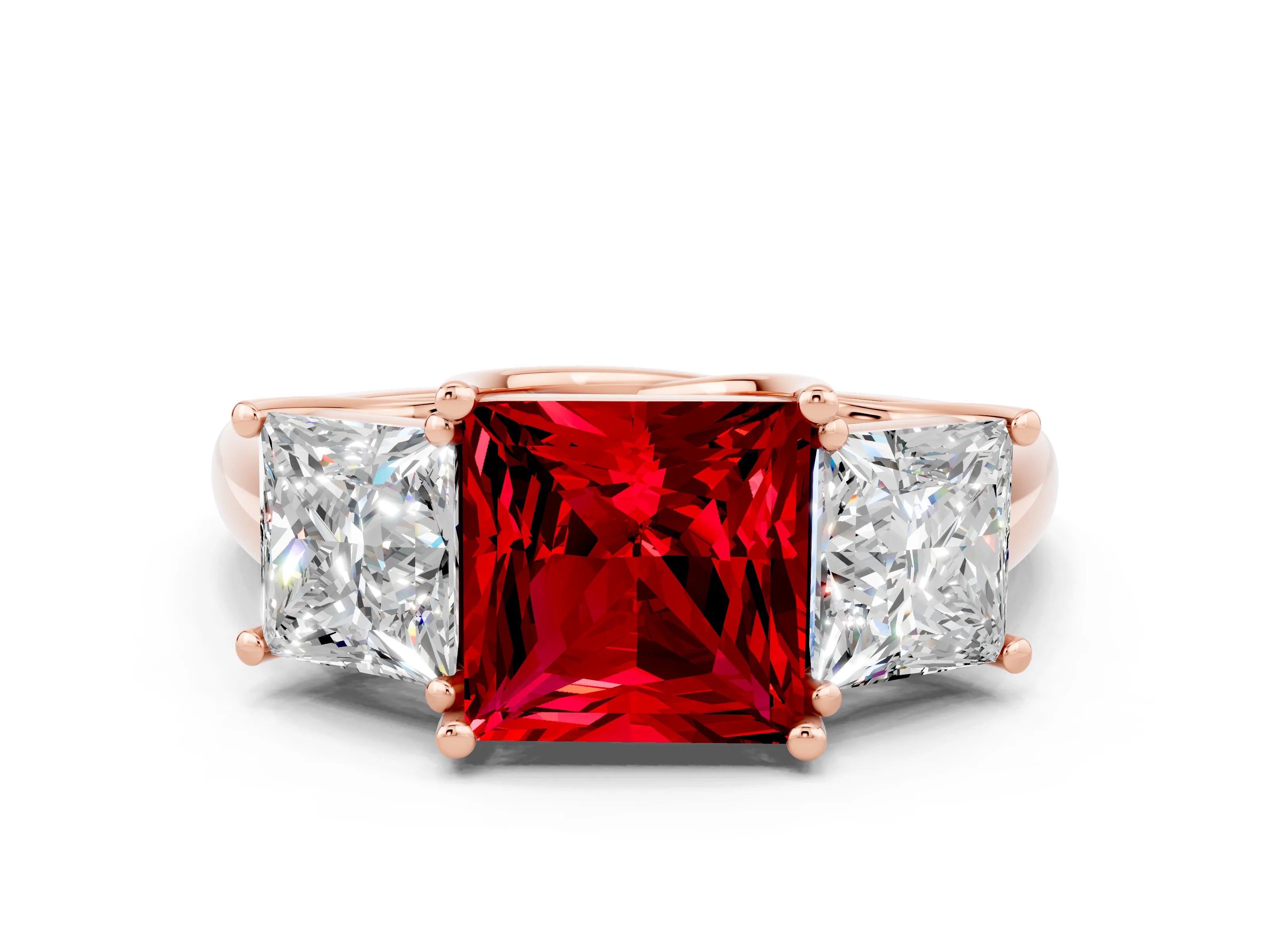 Rose gold Three-Stone Princess Cut Ruby Engagement Ring with Prong Setting