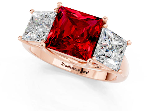 Rose gold Three-Stone Princess Cut Ruby Engagement Ring with Prong Setting_1