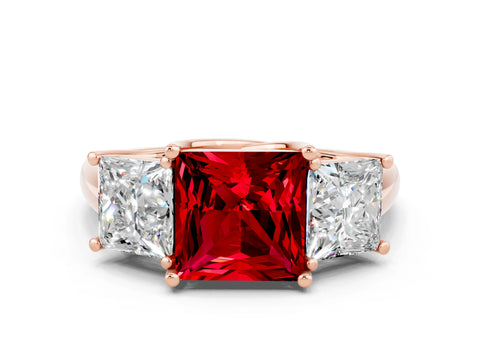 Rose gold Three-Stone Princess Cut Ruby Engagement Ring with Prong Setting