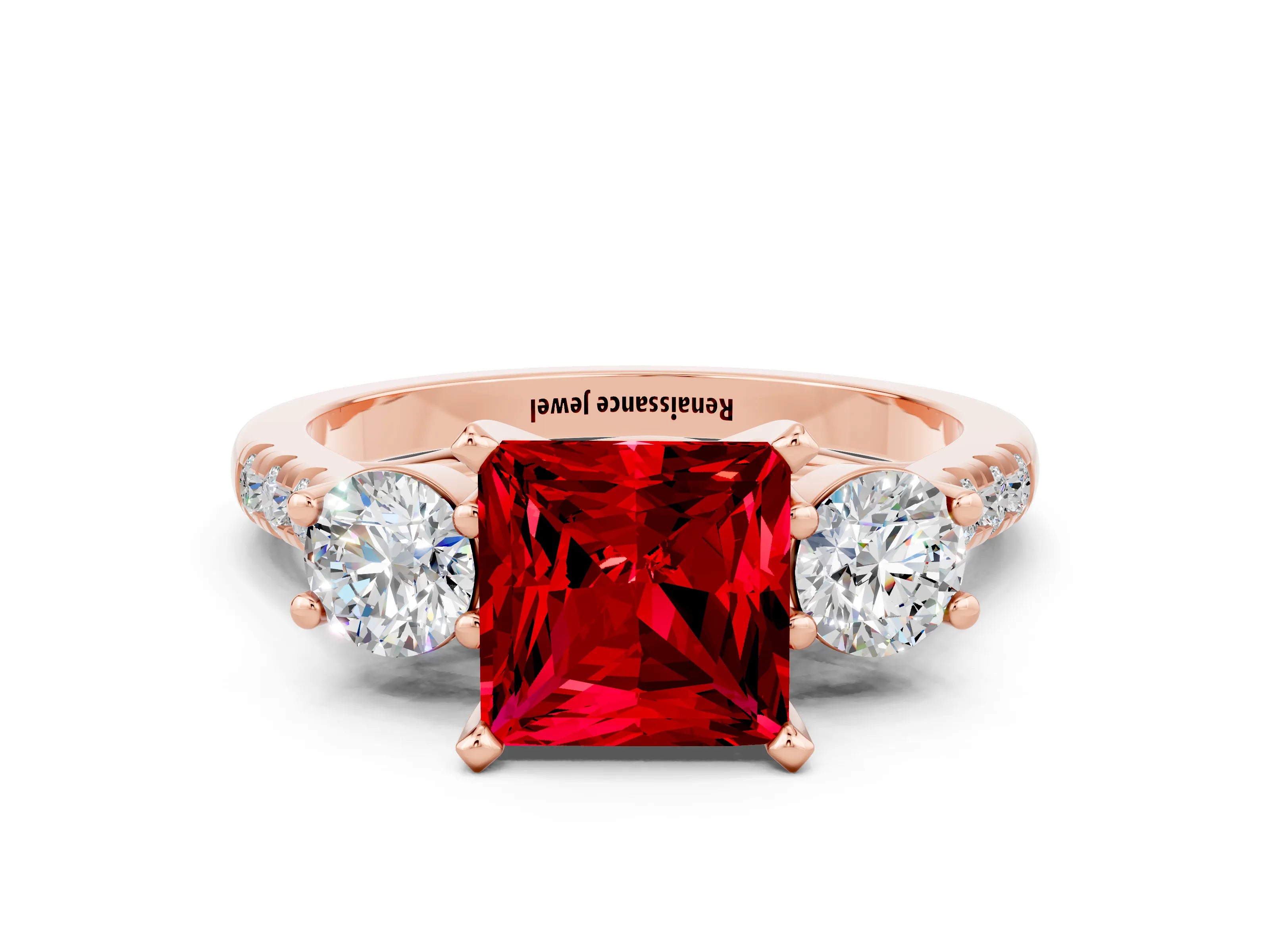 Rose gold Three-Stone Princess Cut Ruby Pavé Band with Four-Prong Setting