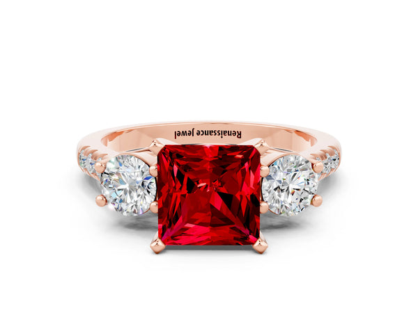 Rose gold Three-Stone Princess Cut Ruby Pavé Band with Four-Prong Setting