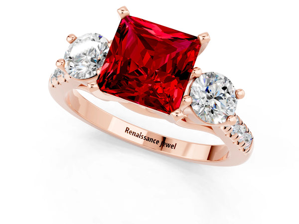 Rose gold Three-Stone Princess Cut Ruby Pavé Band with Four-Prong Setting