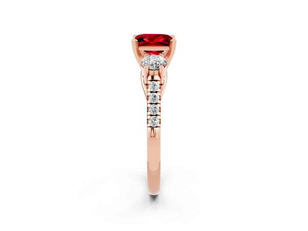 Rose gold Three-Stone Princess Cut Ruby Pavé Band with Four-Prong Setting