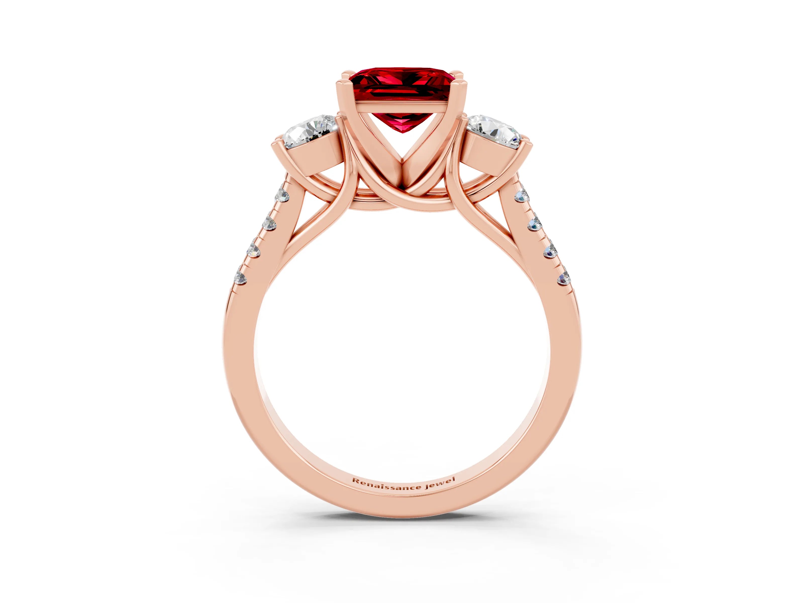 Rose gold Three-Stone Princess Cut Ruby Pavé Band with Four-Prong Setting_3