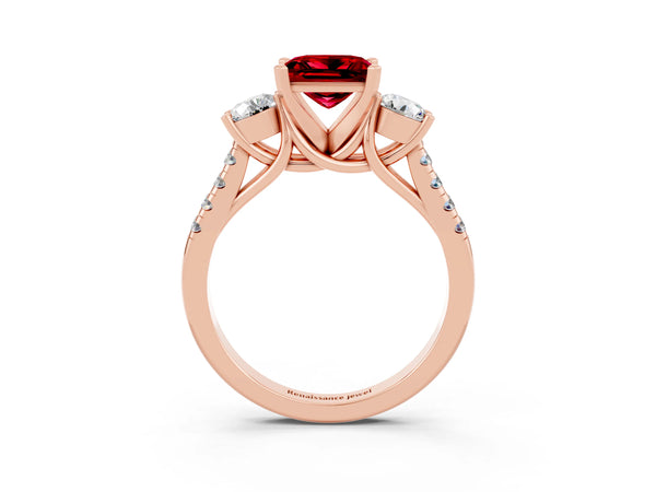 Rose gold Three-Stone Princess Cut Ruby Pavé Band with Four-Prong Setting