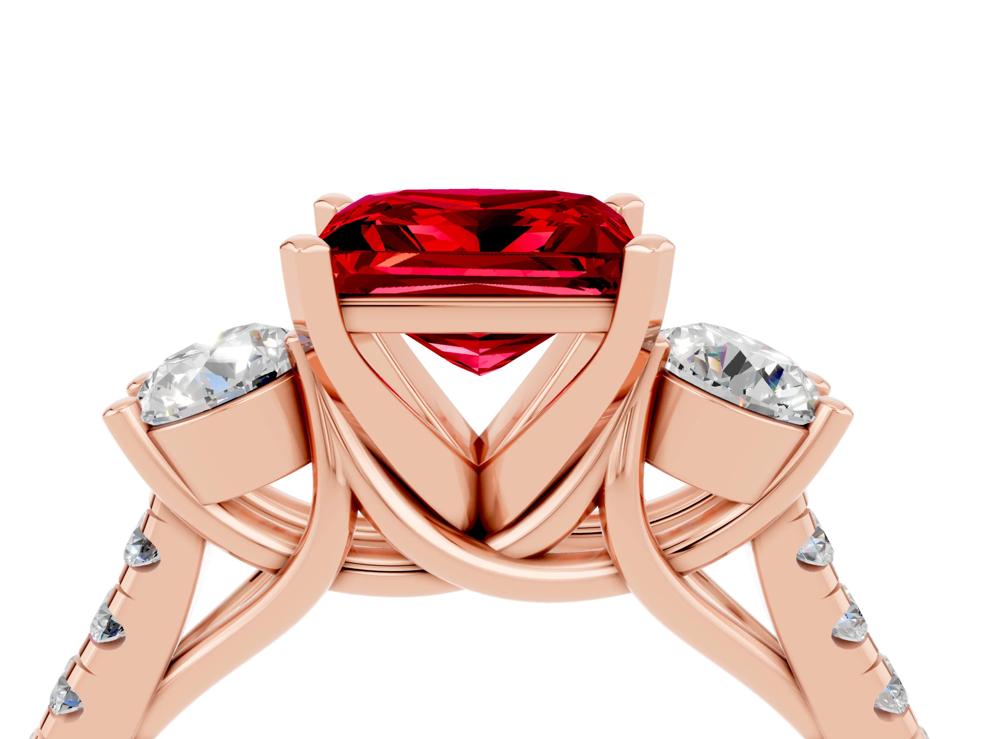 Rose gold Three-Stone Princess Cut Ruby Pavé Band with Four-Prong Setting_4