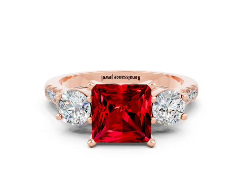 Rose gold Three-Stone Princess Cut Ruby Pavé Band with Four-Prong Setting