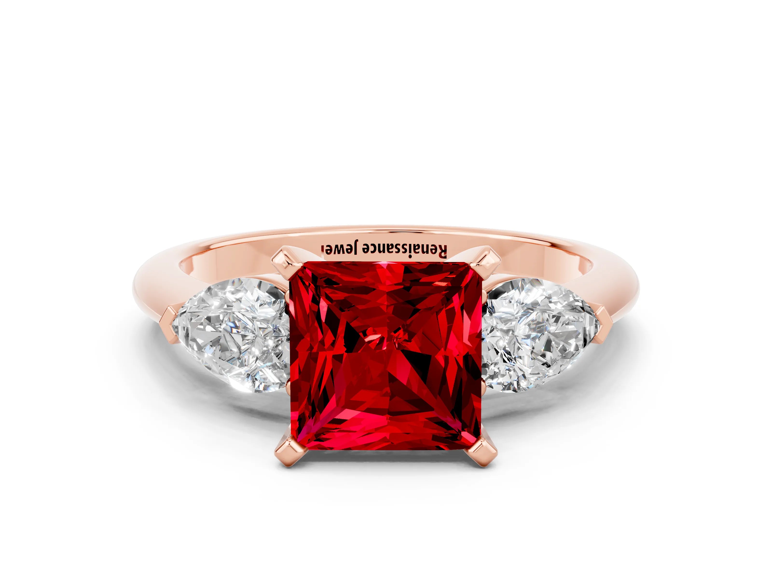 Rose gold Three-Stone Princess Cut Ruby Ring with Pear Side Stones and Four-Prong Setting