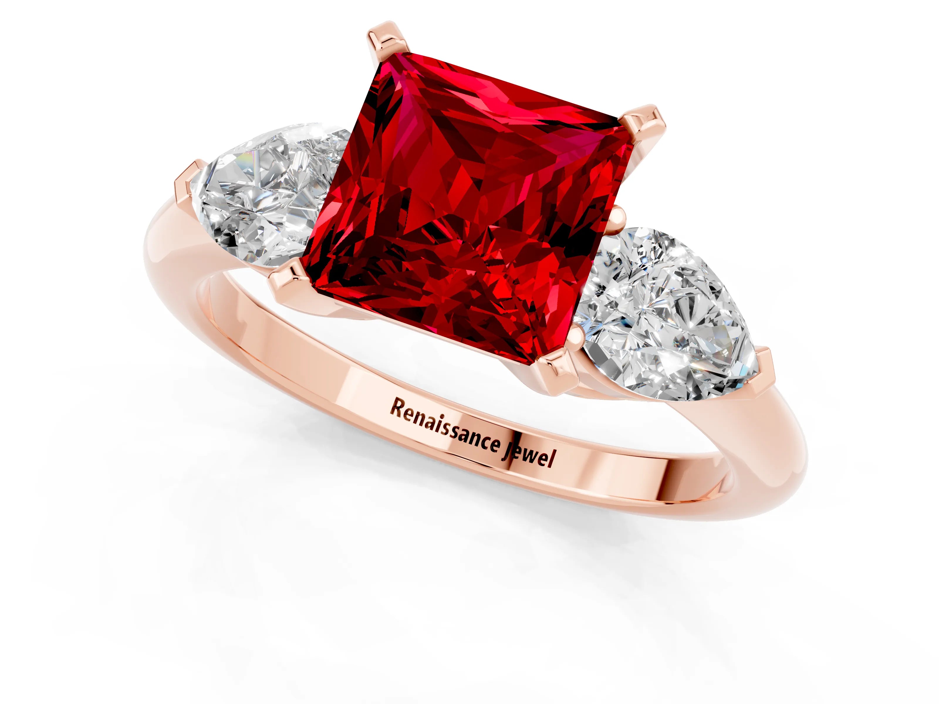 Rose gold Three-Stone Princess Cut Ruby Ring with Pear Side Stones and Four-Prong Setting_1