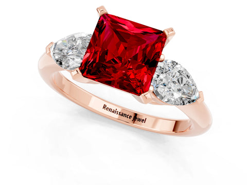 Rose gold Three-Stone Princess Cut Ruby Ring with Pear Side Stones and Four-Prong Setting_1