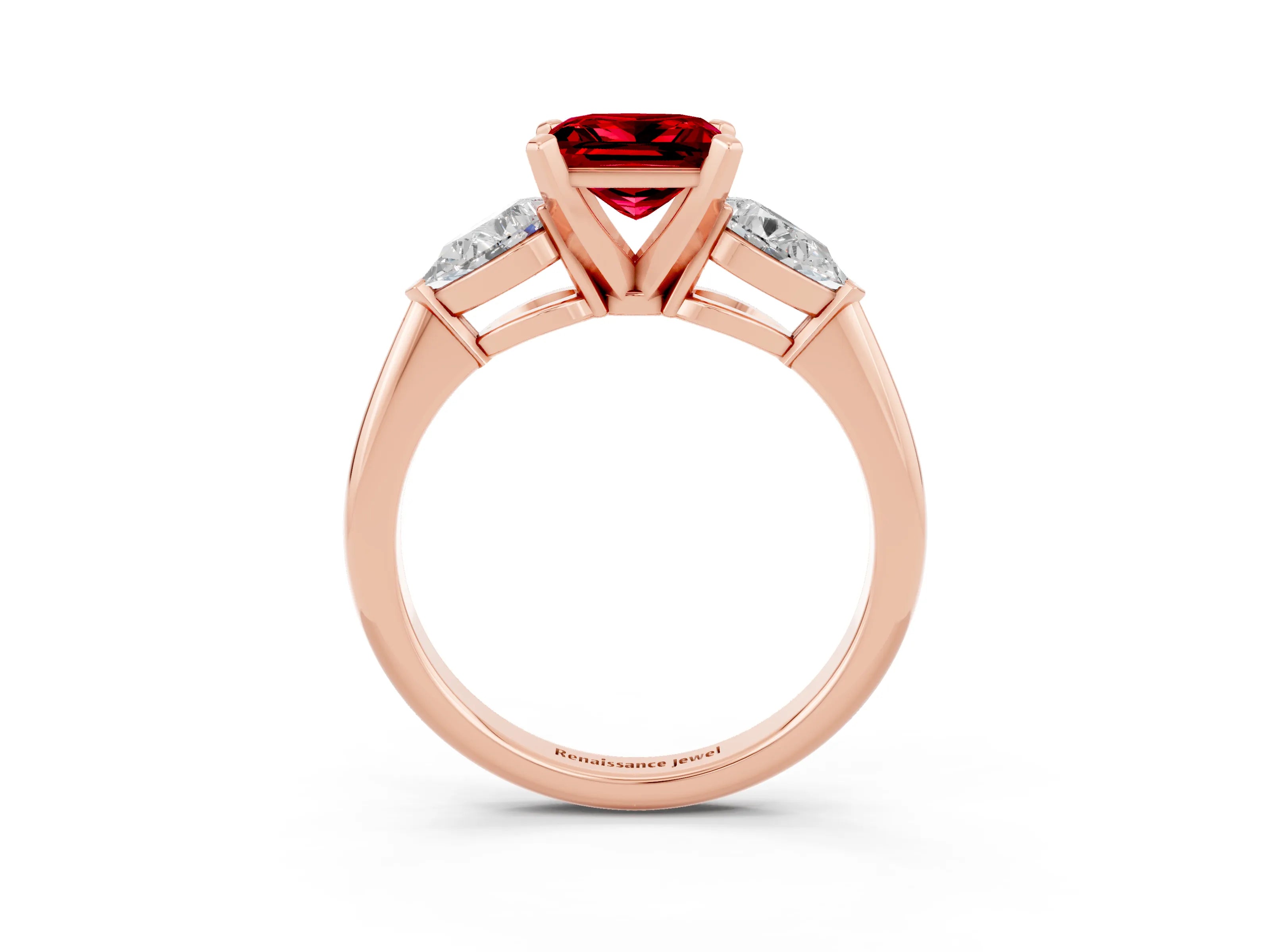 Rose gold Three-Stone Princess Cut Ruby Ring with Pear Side Stones and Four-Prong Setting_3