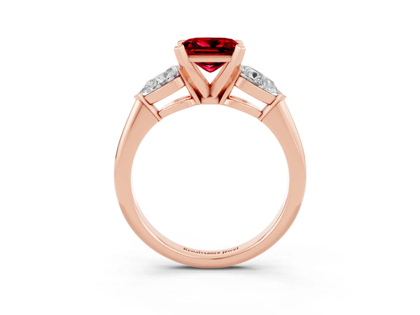 Rose gold Three-Stone Princess Cut Ruby Ring with Pear Side Stones and Four-Prong Setting