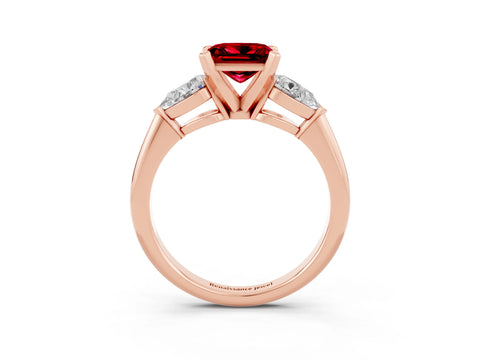 Rose gold Three-Stone Princess Cut Ruby Ring with Pear Side Stones and Four-Prong Setting_3