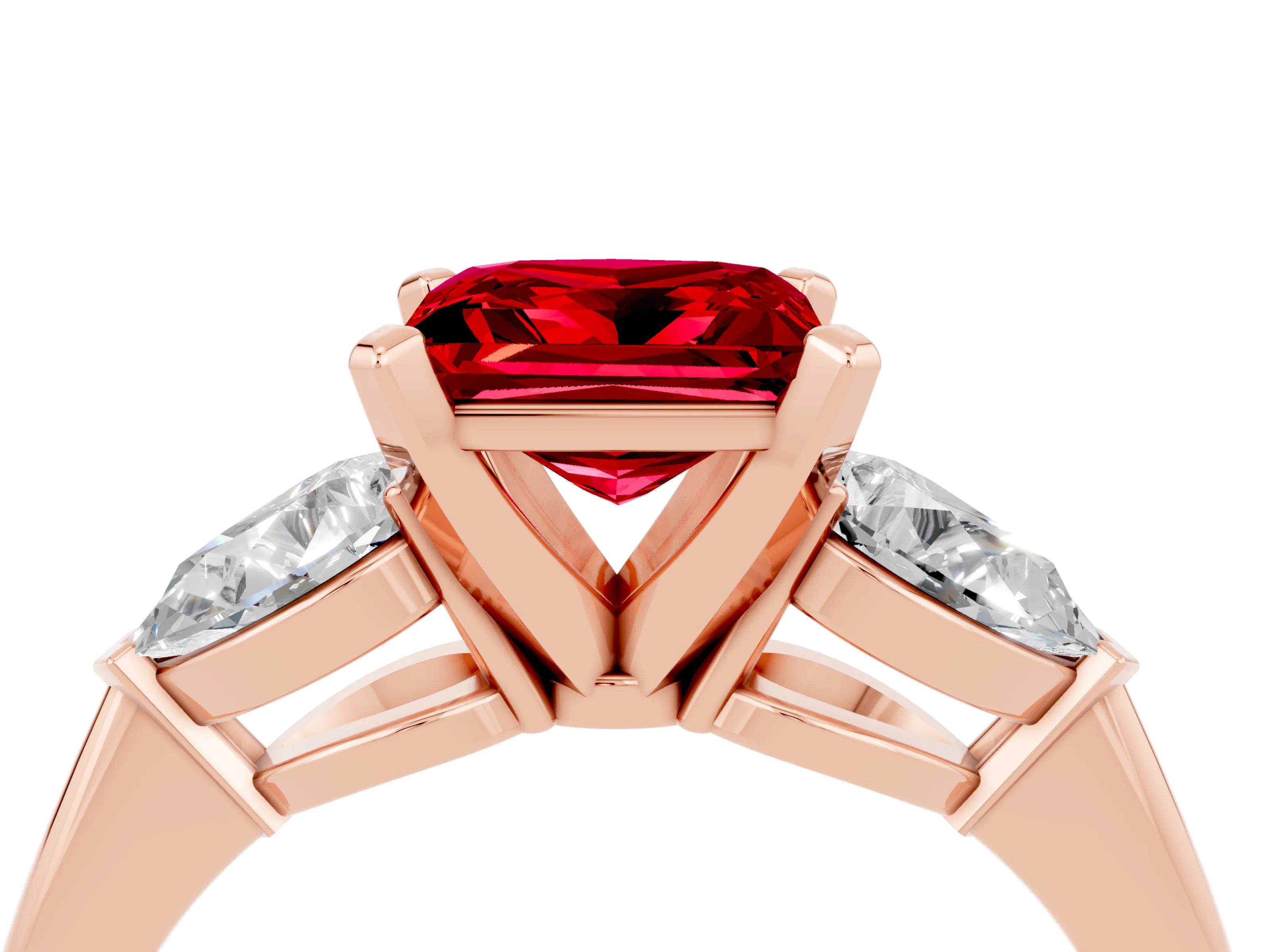 Rose gold Three-Stone Princess Cut Ruby Ring with Pear Side Stones and Four-Prong Setting_4