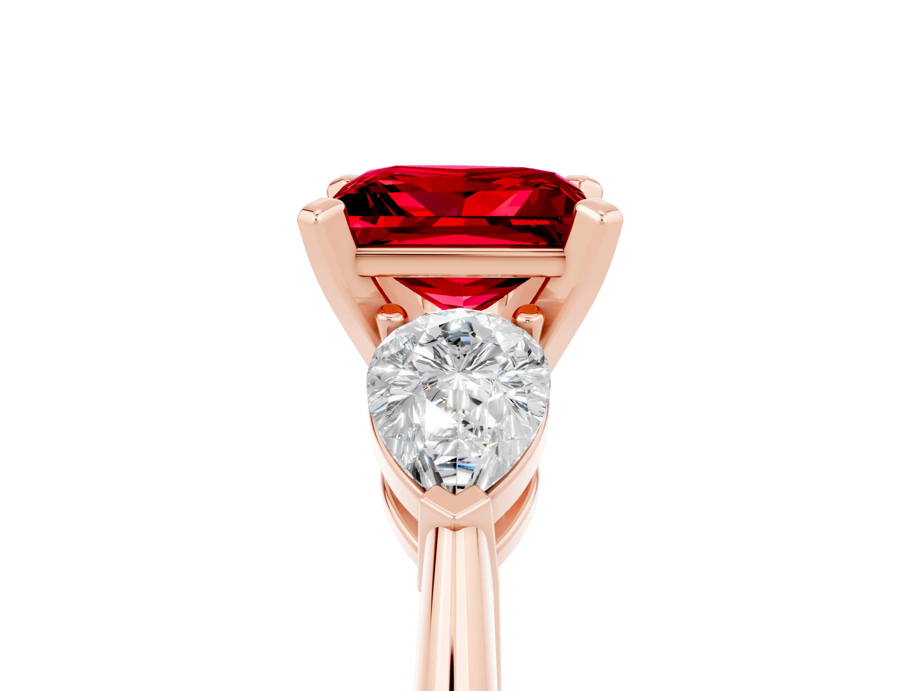 Rose gold Three-Stone Princess Cut Ruby Ring with Pear Side Stones and Four-Prong Setting_5