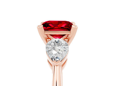 Rose gold Three-Stone Princess Cut Ruby Ring with Pear Side Stones and Four-Prong Setting_5