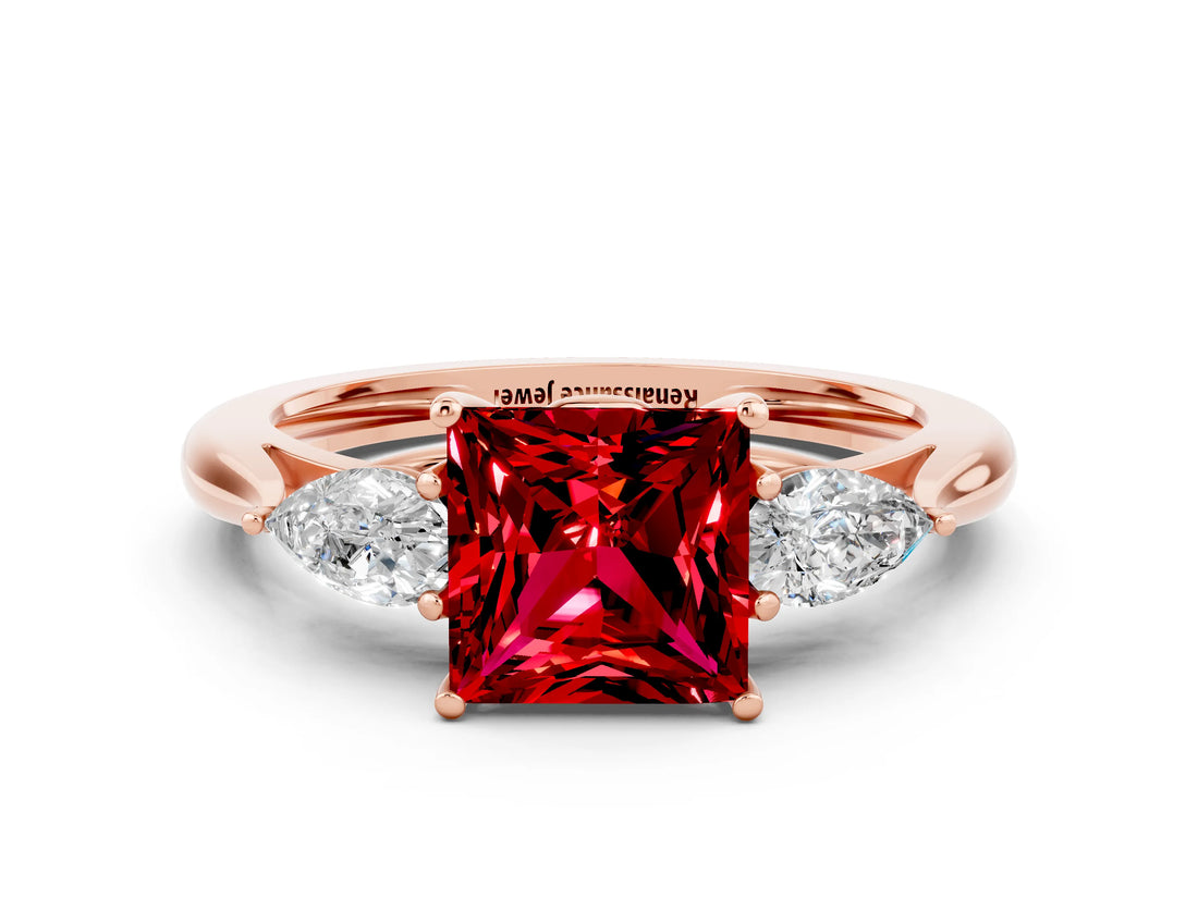 Rose gold Three-Stone Princess Cut Ruby Ring with Pear  Side Stones in Four-Prong Setting_12