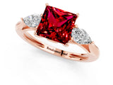 Rose gold Three-Stone Princess Cut Ruby Ring with Pear  Side Stones in Four-Prong Setting_13