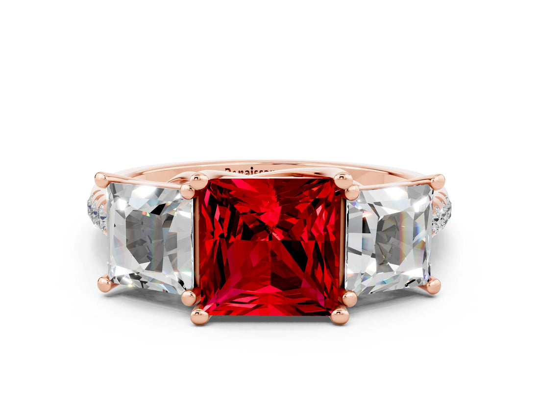 Rose gold Three-Stone Princess Cut Ruby Ring with Round  Pavé Band and Prong Setting_12