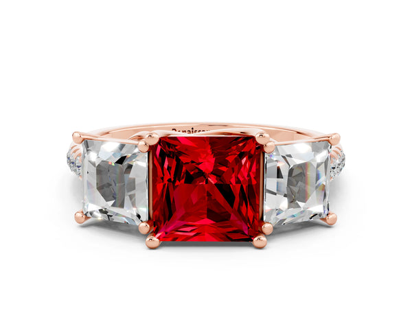 Rose gold Three-Stone Princess Cut Ruby Ring with Round  Pavé Band and Prong Setting