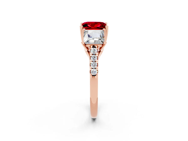 Rose gold Three-Stone Princess Cut Ruby Ring with Round  Pavé Band and Prong Setting