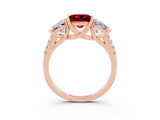 Rose gold Three-Stone Princess Cut Ruby Ring with Round  Pavé Band and Prong Setting_15
