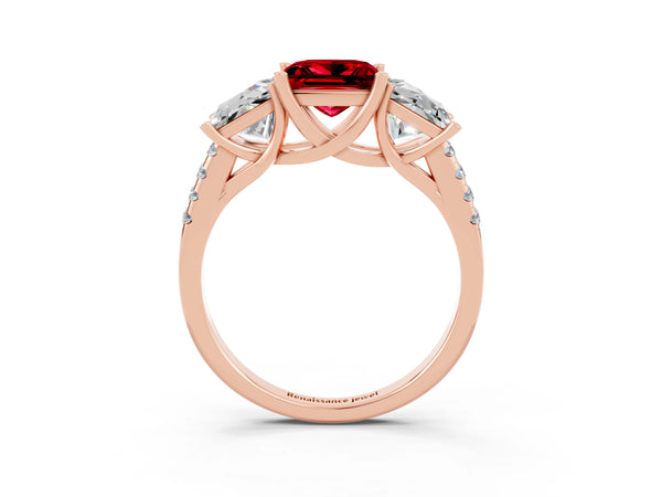 Rose gold Three-Stone Princess Cut Ruby Ring with Round  Pavé Band and Prong Setting
