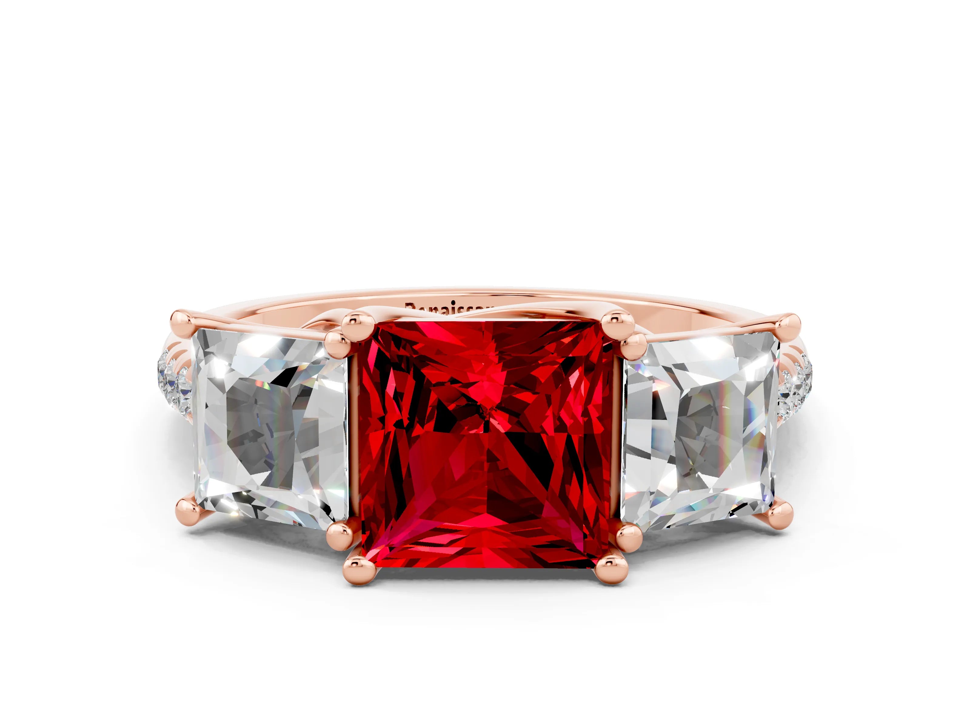 Rose gold Three-Stone Princess Cut Ruby Ring with Round  Pavé Band and Prong Setting_36