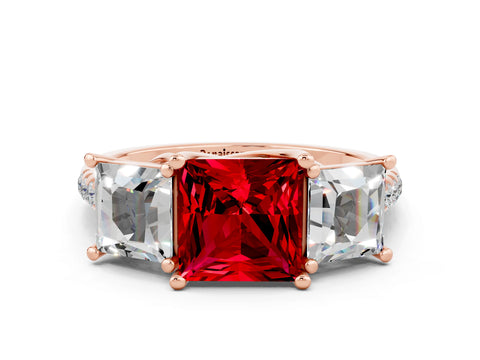 Rose gold Three-Stone Princess Cut Ruby Ring with Round  Pavé Band and Prong Setting_36