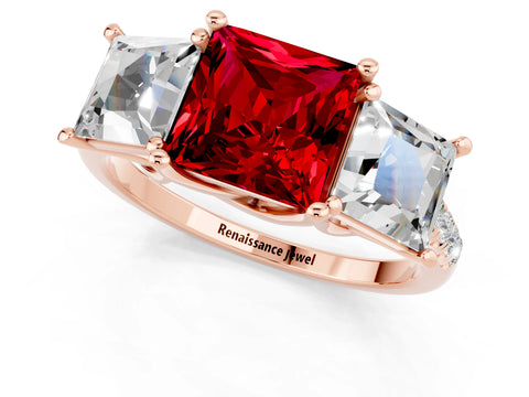 Rose gold Three-Stone Princess Cut Ruby Ring with Round  Pavé Band and Prong Setting_37