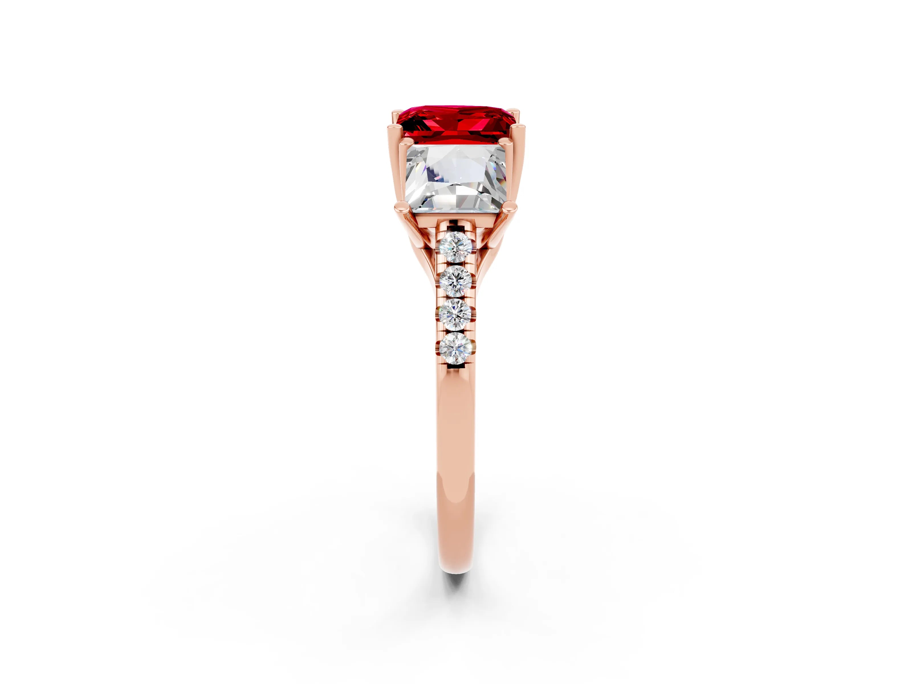 Rose gold Three-Stone Princess Cut Ruby Ring with Round  Pavé Band and Prong Setting_38