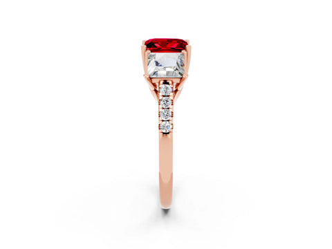 Rose gold Three-Stone Princess Cut Ruby Ring with Round  Pavé Band and Prong Setting_38