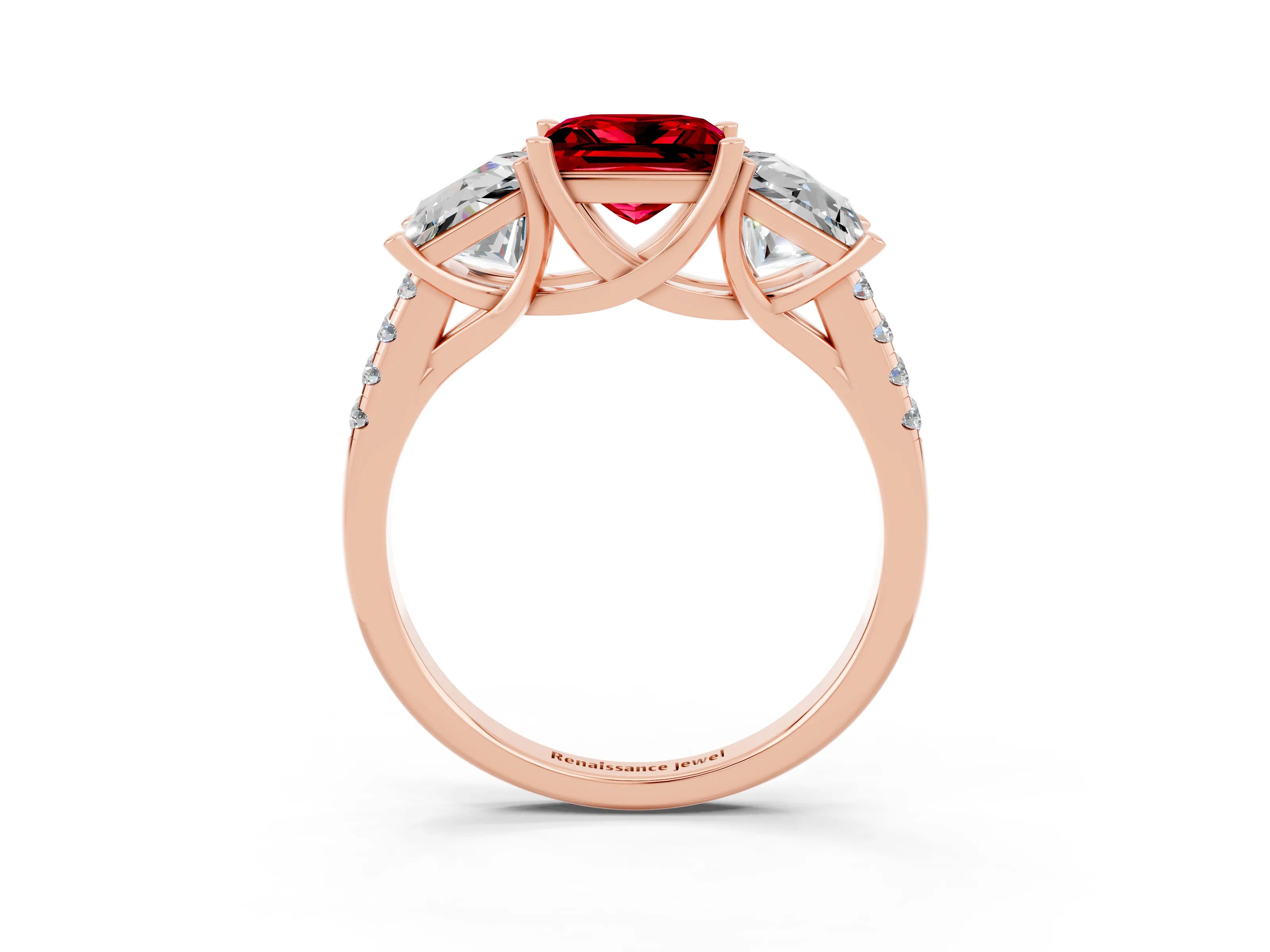 Rose gold Three-Stone Princess Cut Ruby Ring with Round  Pavé Band and Prong Setting_39