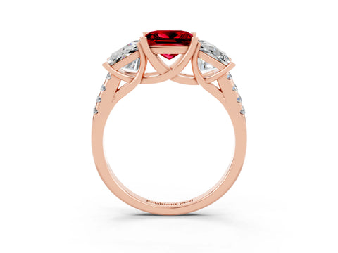 Rose gold Three-Stone Princess Cut Ruby Ring with Round  Pavé Band and Prong Setting_39